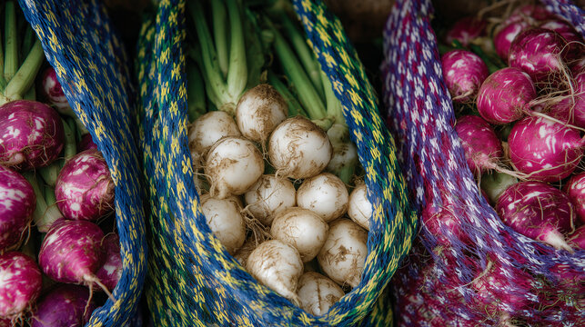 Close-up of stacked vegetable bags containing beets and onions, colorful mesh patterns creating a striking visual rhythm