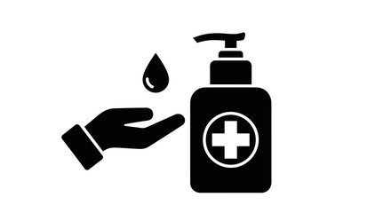 a hand receiving liquid from a pump bottle with medical cross symbol