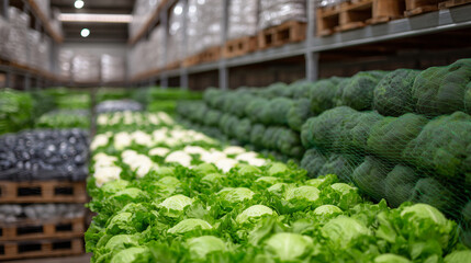 Warehouse view with neat rows of nets filled with vegetables, symmetrical composition and soft shadows emphasizing order and freshness