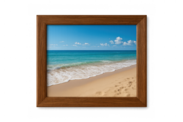 Brown wooden frame displaying a vibrant beach scene with turquoise ocean, blue sky, and golden sand, offering a vacation feeling