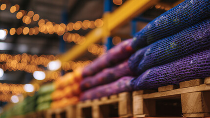 Side view of vegetable nets stacked high in a cool-toned warehouse environment, color contrast between warm produce and metallic shelving