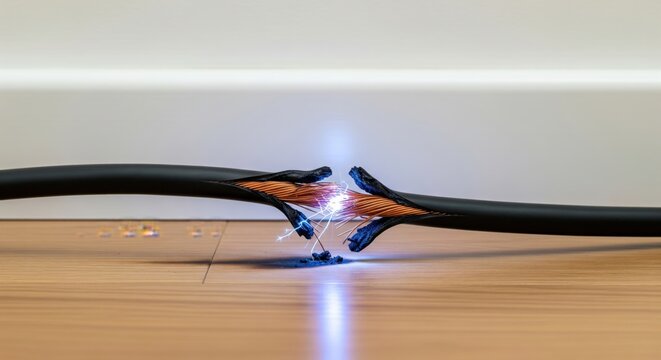 Close-up of damaged household power cable with exposed copper strands and tiny spark, electrical hazard concept symbolizing home safety risk, realistic macro scene for professional stock photography