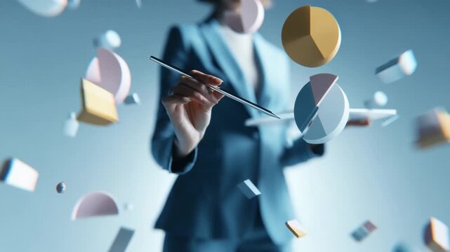 Strategic Vision: An analyst, her focus sharp as a stylus, navigates through a cloud of abstract data visualizations. The scene symbolizes analysis, foresight, and data-driven strategy.