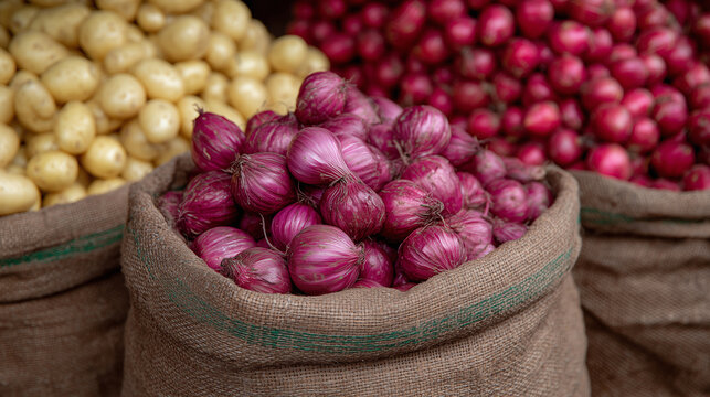Close-up of mixed vegetable sacks red beets, yellow onions, and potatoes stacked in layers, rich tones under diffuse industrial light