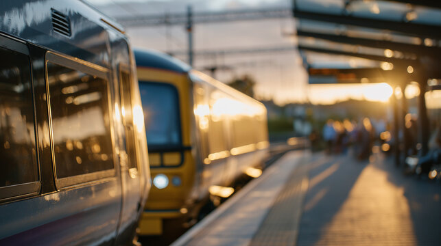 Low-angle shot from the platform showing a train carriage gleaming in sunlight, highlighting metallic textures and reflections of waiting passengers - Powered by Adobe