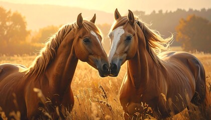 Obraz premium Two beautiful horses kissing in a field during a warm golden sunset