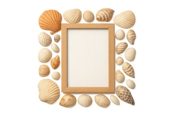 Seashells decorating wooden frame mockup with blank canvas, creating a summer beach concept, transparent background