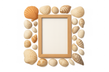 Seashells decorating wooden frame mockup with blank canvas, creating a summer beach concept, transparent background