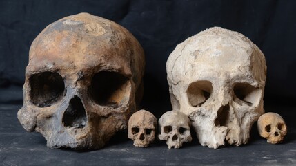 Obraz premium Collection of Human Skulls and Bones with Textured Surface and Aged Appearance
