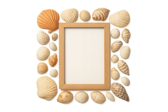 Seashells decorating wooden frame mockup with blank canvas, creating a summer beach concept, transparent background