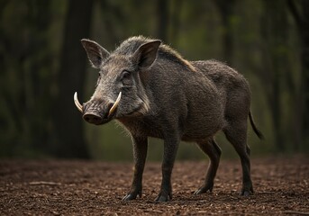 Fototapeta premium Fantastical boar rabbit hybrid creature featuring long ears, sharp tusks, and coarse fur standing alert in a natural setting ,boar ,strange ,mythical
