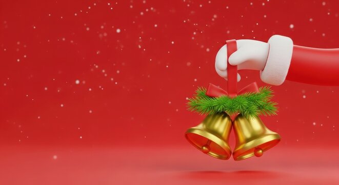 Santas hand holding christmas bells with green garland and red ribbon on red background with snow