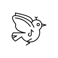 Line art illustration of a bird with open wings a musical note and small head feathers