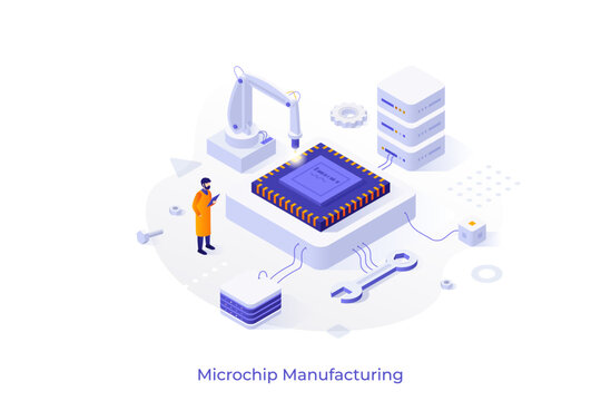 Conceptual template with person monitoring microchip production. Scene for industrial manufacturing of integrated circuits or microprocessors. Modern isometric vector illustration for webpage.