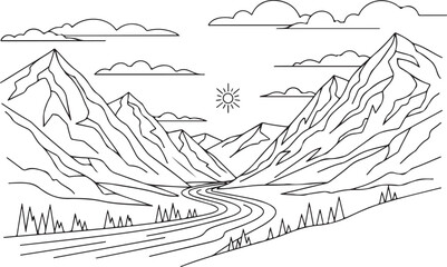 Fototapeta premium Minimalist Line Art Mountain Landscape with Winding River, Sun, and Clouds