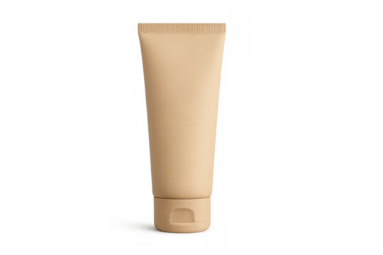 Beige plastic tube for cosmetic products on transparent background, offering a blank template for branding skincare and beauty items