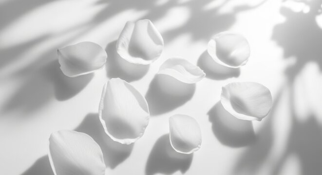 Rose petals are scattered across a white surface casting gentle shadows creating a peaceful and elegant scene perfect for conveying themes of love beauty and tranquility in spa or cosmetic related de