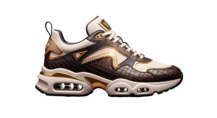 Opulent gold, diamond-studded brown and cream designer sneaker isolated on transparent background