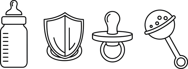 Childcare basics simple line set. Vector pictograms of baby bottle, pacifier, rattle, simple thin stroke illustration.
