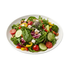 Fresh Garden Salad With Cherry Tomatoes Cucumbers Bell Peppers Feta Cheese And Mixed Greens On A White Plate Isolated On A Transparent Background Studio Shot