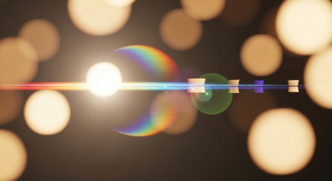 Light streaks and bokeh create an abstract background with rainbow lens flare effects perfect for adding a dreamy ethereal glow to designs or providing a unique texture.