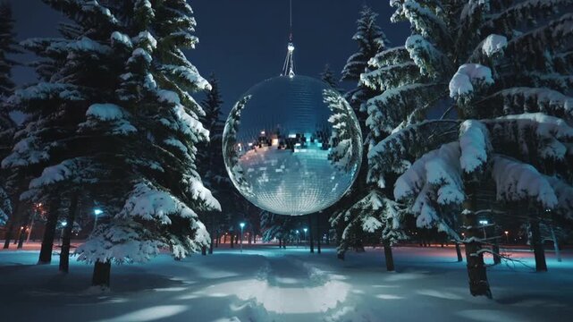 Sparkling Frost Ball - Giant Disco Ball Suspended in Snowy Pine Forest at Night, Blue Glow, Surreal Winter Wonderland, Holiday Magic, Holiday Installation