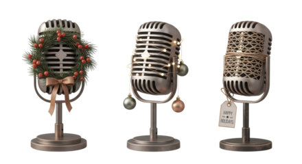 Holiday decorated vintage microphones, festive season broadcast. isolated on transparent background