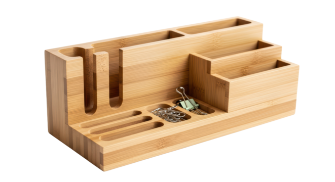 Bamboo desk organizer with office supplies, keeping workspace tidy isolated on transparent background
