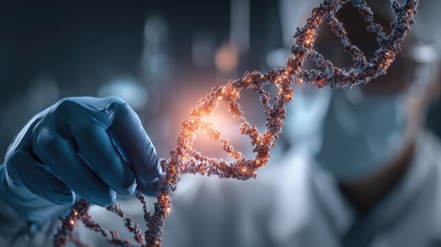 Scientist holding glowing DNA strand in a laboratory, research, genetics, biotech, innovation, science, molecular biology, laboratory equipment, gene therapy, healthcare, futuristic, discovery