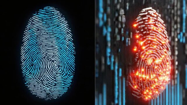 Fingerprint Technology: Showcasing a high-tech view of fingerprints in a futuristic setting, highlighting the intricate patterns and digital nature of biometric identification.
