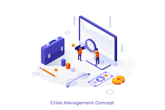 Conceptual template with people looking at bar chart on computer screen through magnifying glass. Scene for crisis management, rescuing business project. Isometric vector illustration for webpage.