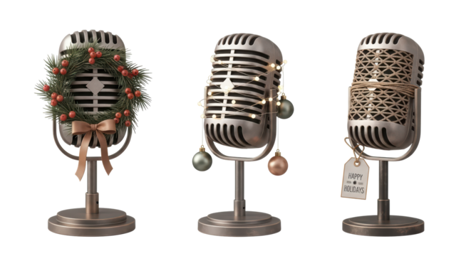 Holiday decorated vintage microphones, festive season broadcast. isolated on transparent background