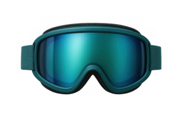 Teal ski goggles with blue reflective lens, protective alpine eyewear for winter sports, snowboarding equipment on transparent background
