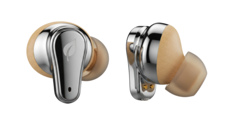 Premium wireless earbuds with natural wood and chrome finish for modern audio isolated on transparent background
