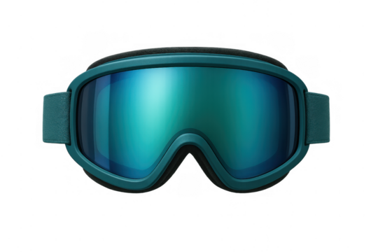 Teal ski goggles with blue reflective lens, protective alpine eyewear for winter sports, snowboarding equipment on transparent background