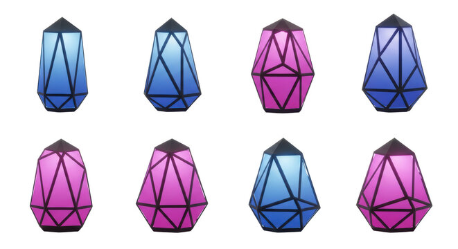Abstract geometric forms glowing in blue and pink light design isolated on transparent background