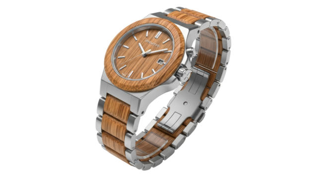 Sleek wooden face and metal band wristwatch, a timeless accessory isolated on transparent background