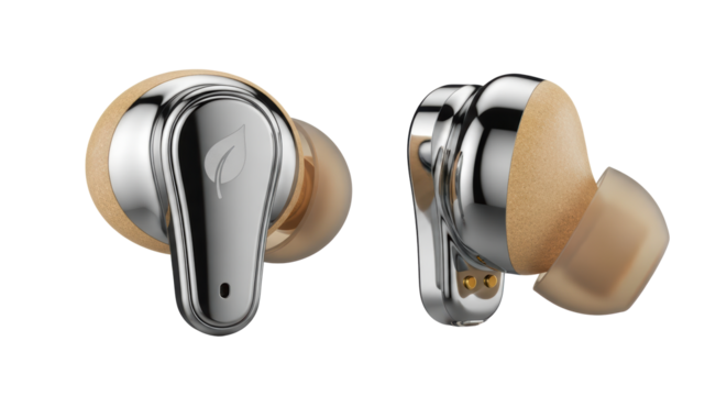 Premium wireless earbuds with natural wood and chrome finish for modern audio isolated on transparent background