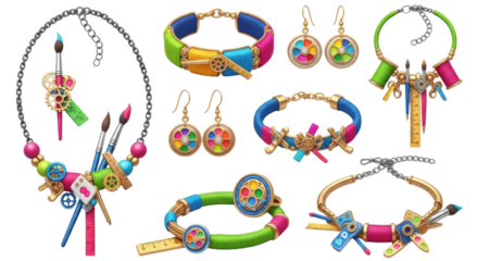 Whimsical craft and art supply themed jewelry collection set isolated on transparent background