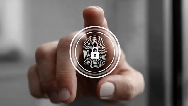 Digital Fingerprint Verification: A close-up view of a hand touching a digital interface, activating fingerprint verification and unlocking a system. The image embodies the security measures.