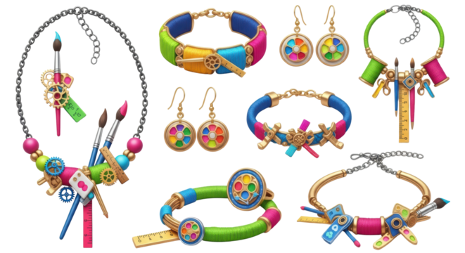 Whimsical craft and art supply themed jewelry collection set isolated on transparent background