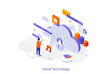 Conceptual template with person looking at planner, multimedia files. Scene for cloud storage service for personal data, online access to digital information. Modern isometric vector illustration.