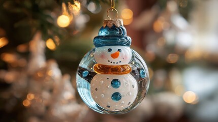 Elegant Glass Snowman Ornament Hanging on Christmas Tree with Bokeh Lights
