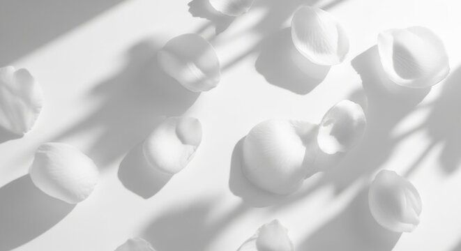 White petals rest gently on a bright white background casting subtle shadows creating a calming and elegant scene perfect for conveying purity simplicity and natural beauty in various design projects.