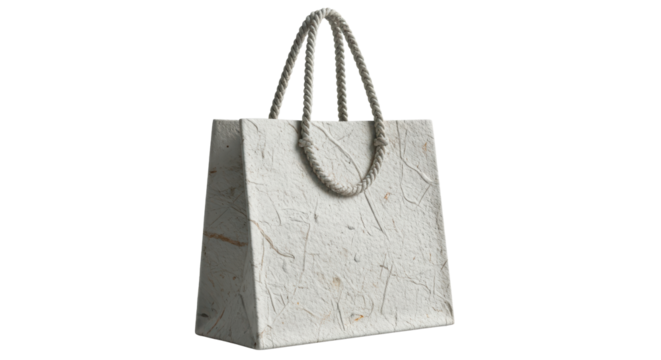 Textured white paper shopping bag with rope handles, eco-friendly isolated on transparent background - Powered by Adobe