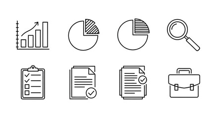 Business and Data Visualization Icons: A collection of concise icons representing business and data analytics, perfect for illustrating financial reports, market research, and strategic planning.