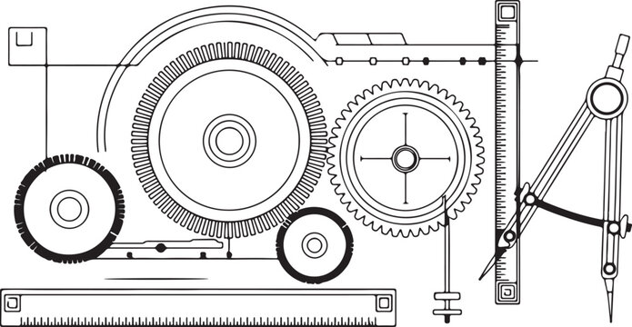 Mechanical gears and drafting tools illustration cogs