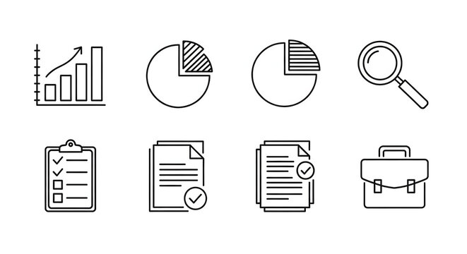 Business and Data Visualization Icons: A collection of concise icons representing business and data analytics, perfect for illustrating financial reports, market research, and strategic planning.