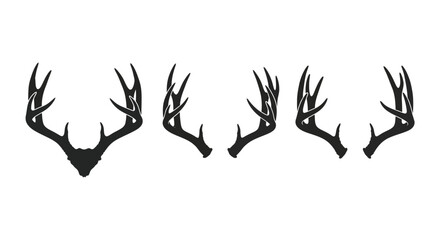 a row of black deer antlers silhouetted against white background