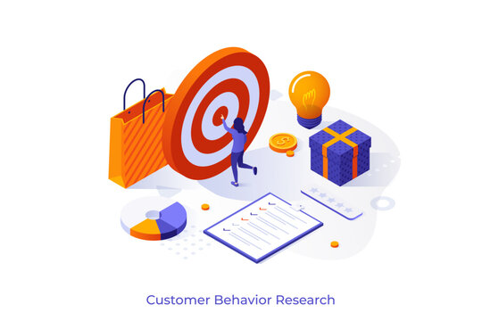 Conceptual template with woman pointing at shooting target, shopping bag, lightbulb, checklist. Scene for target consumer audience, customer buying habits research. Isometric vector illustration.